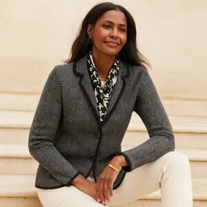 TALBOTS Merino Wool Herringbone Knit Blazer Cardigan Sweater Jacket M